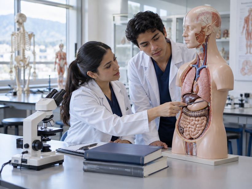Estudiantes revisando un modelo anatómico