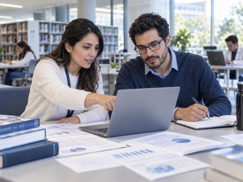 Mentora revisando datos de investigación