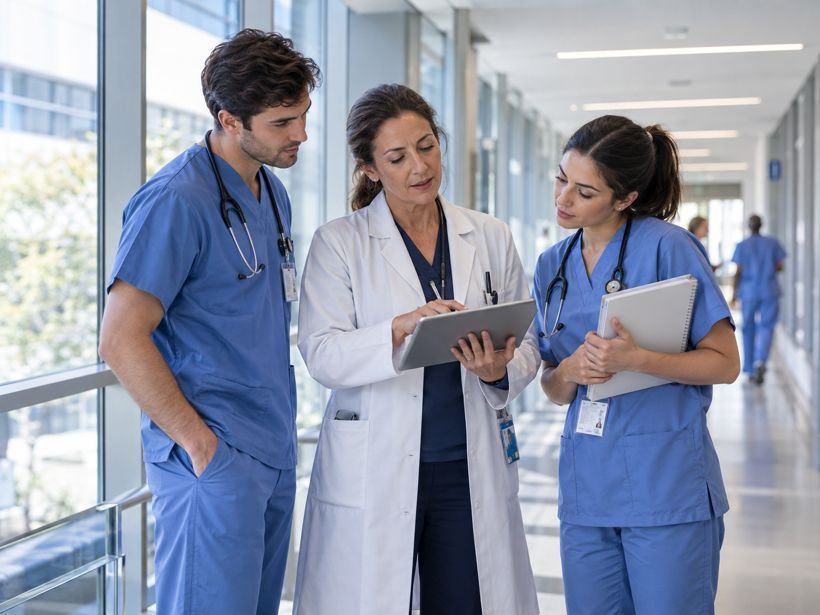 Médica orientando a residentes en el hospital